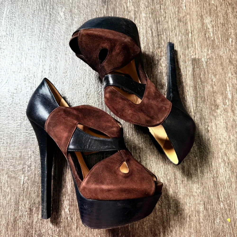 Fendi Platform Heels Womens 36.5 Brown Suede Black Leather Peep Toe Cutout Italy